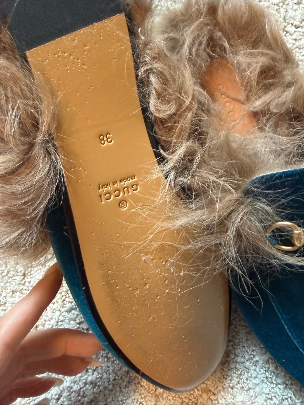 Gucci princetown blue velvet fur loafers mules shoe size 38 - Picture 3 of 4